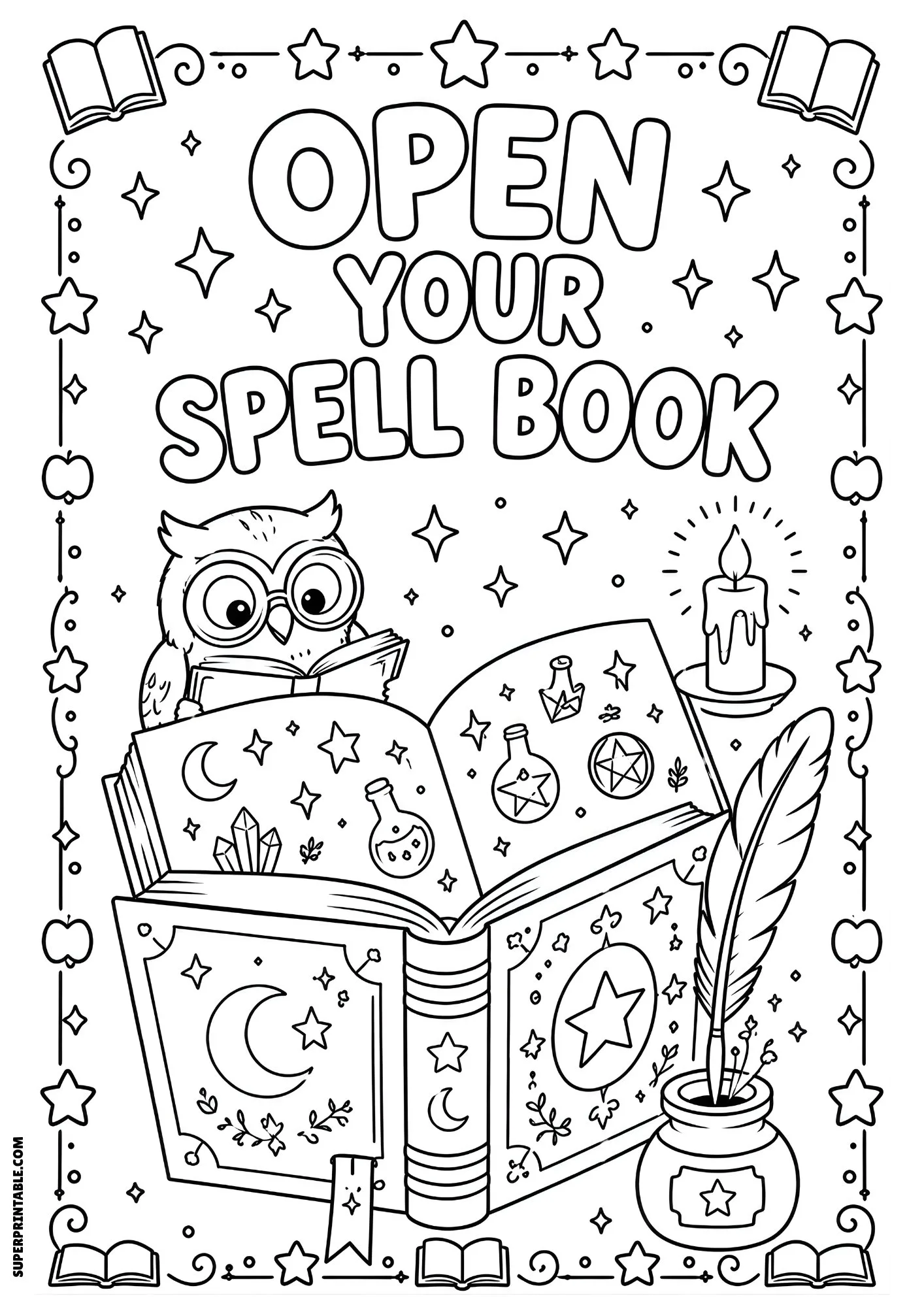 Large spell book with owl, candles, crystal symbols, and quill.