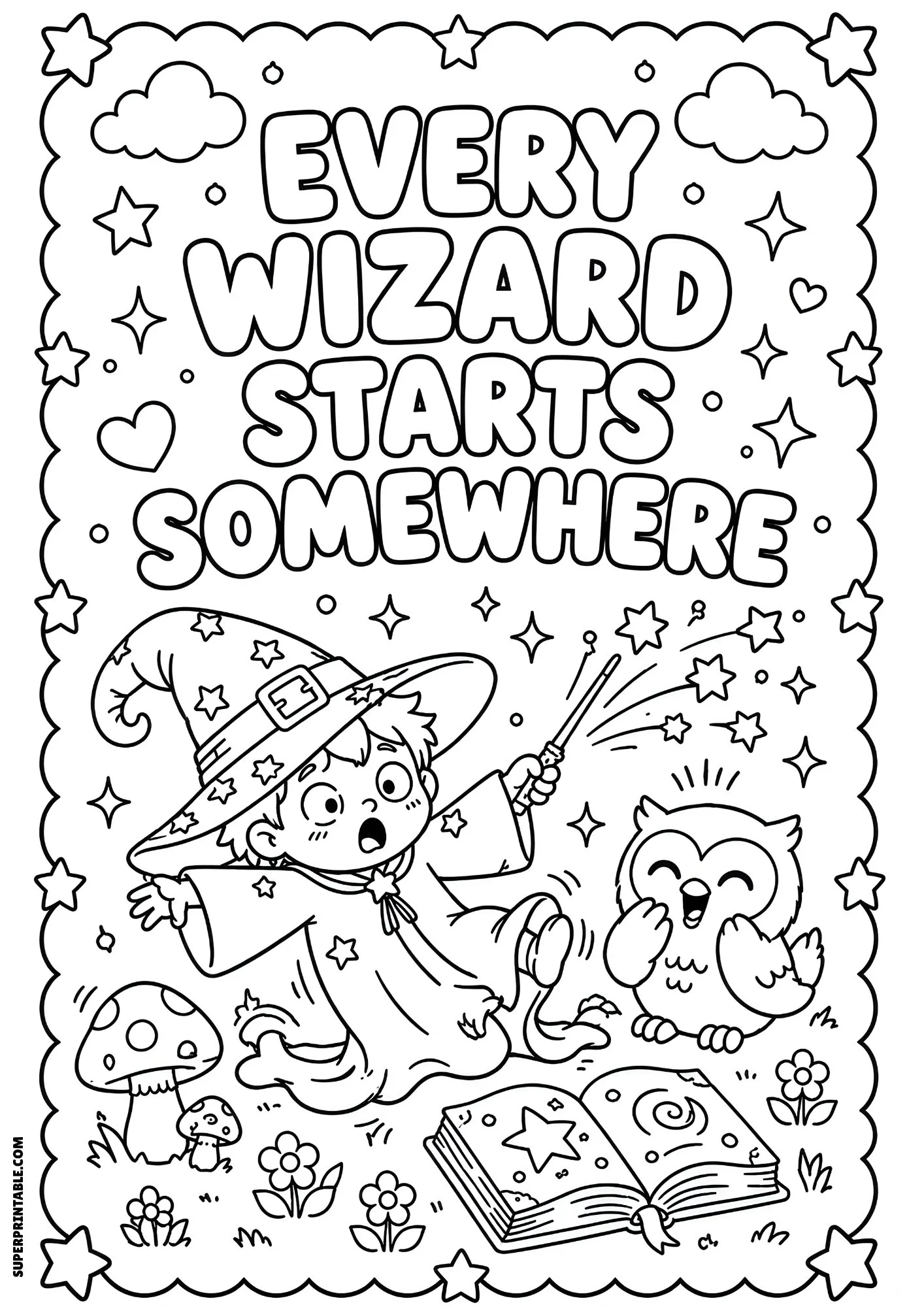 Young wizard casting magic beside owl and open spell book.