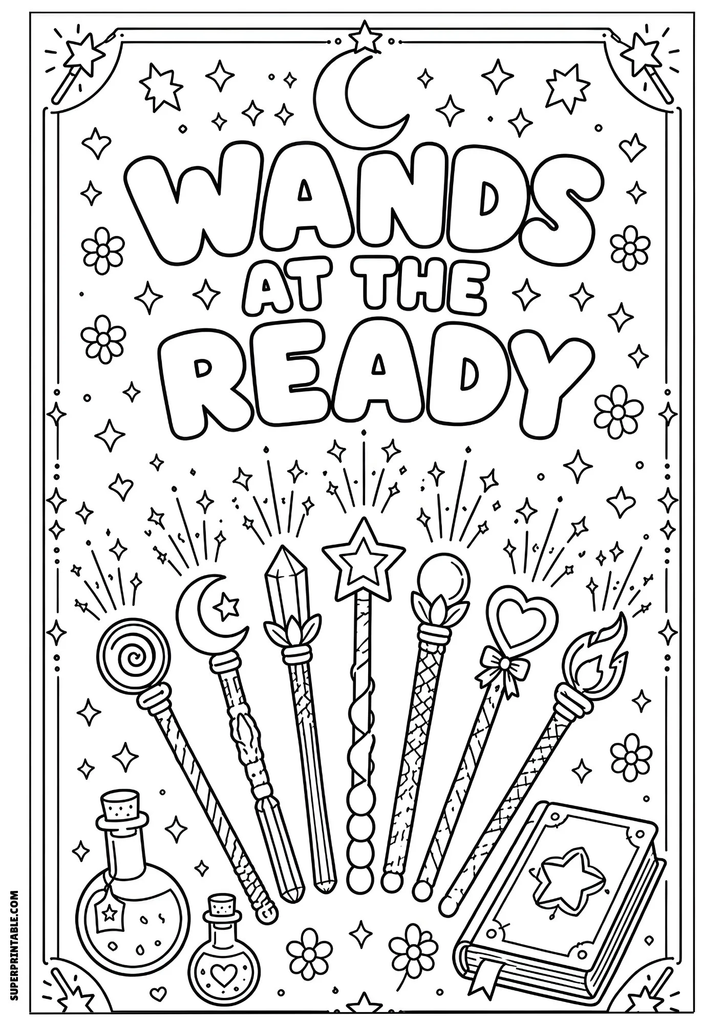 Magical wands, spell book, potions, stars, and sparkling effects.