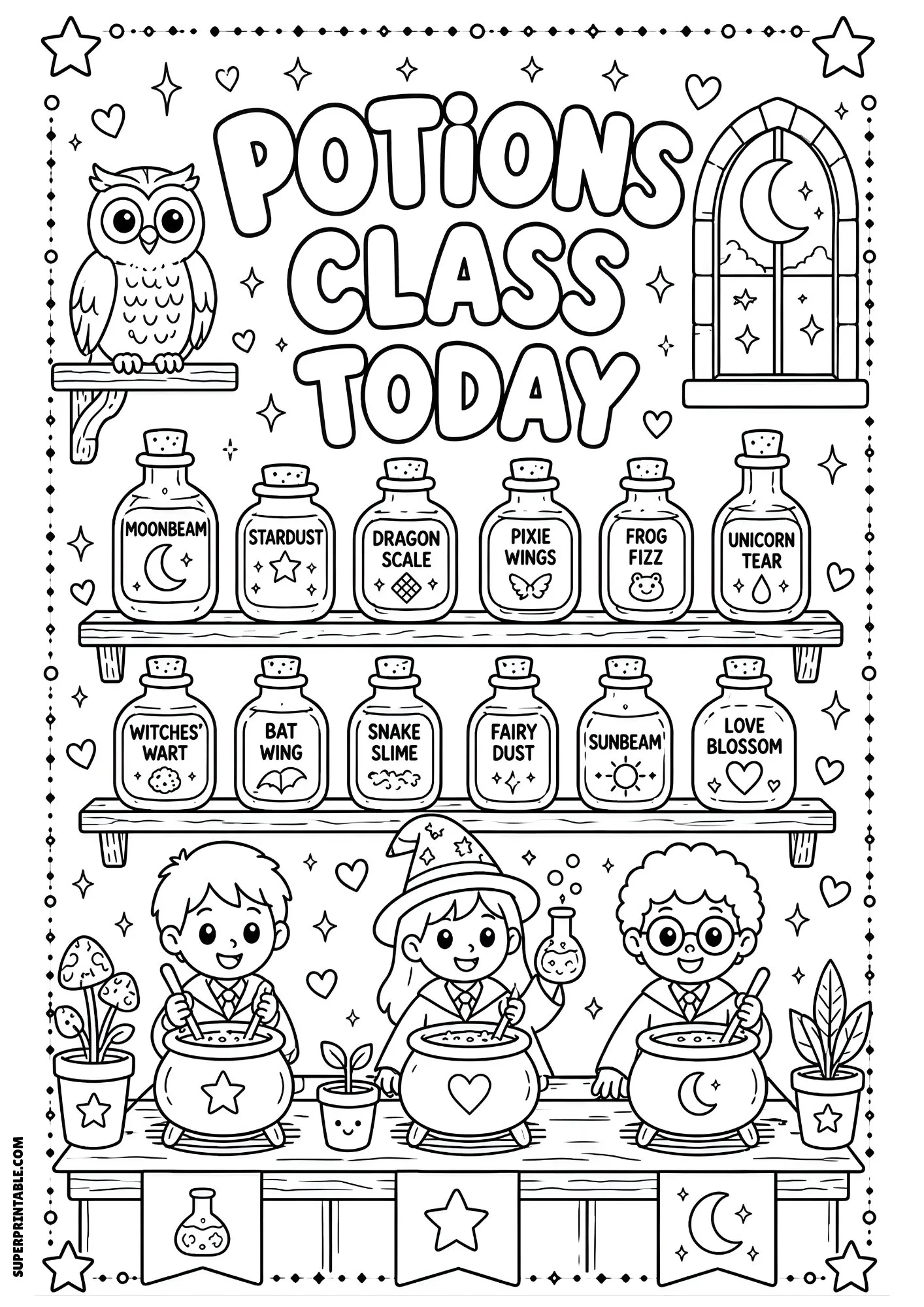 Wizard students brewing potions in a magical classroom.