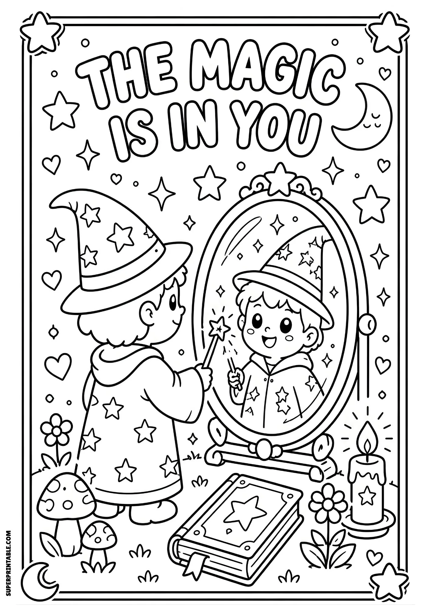 Wizard looking into enchanted mirror with stars and spell book.