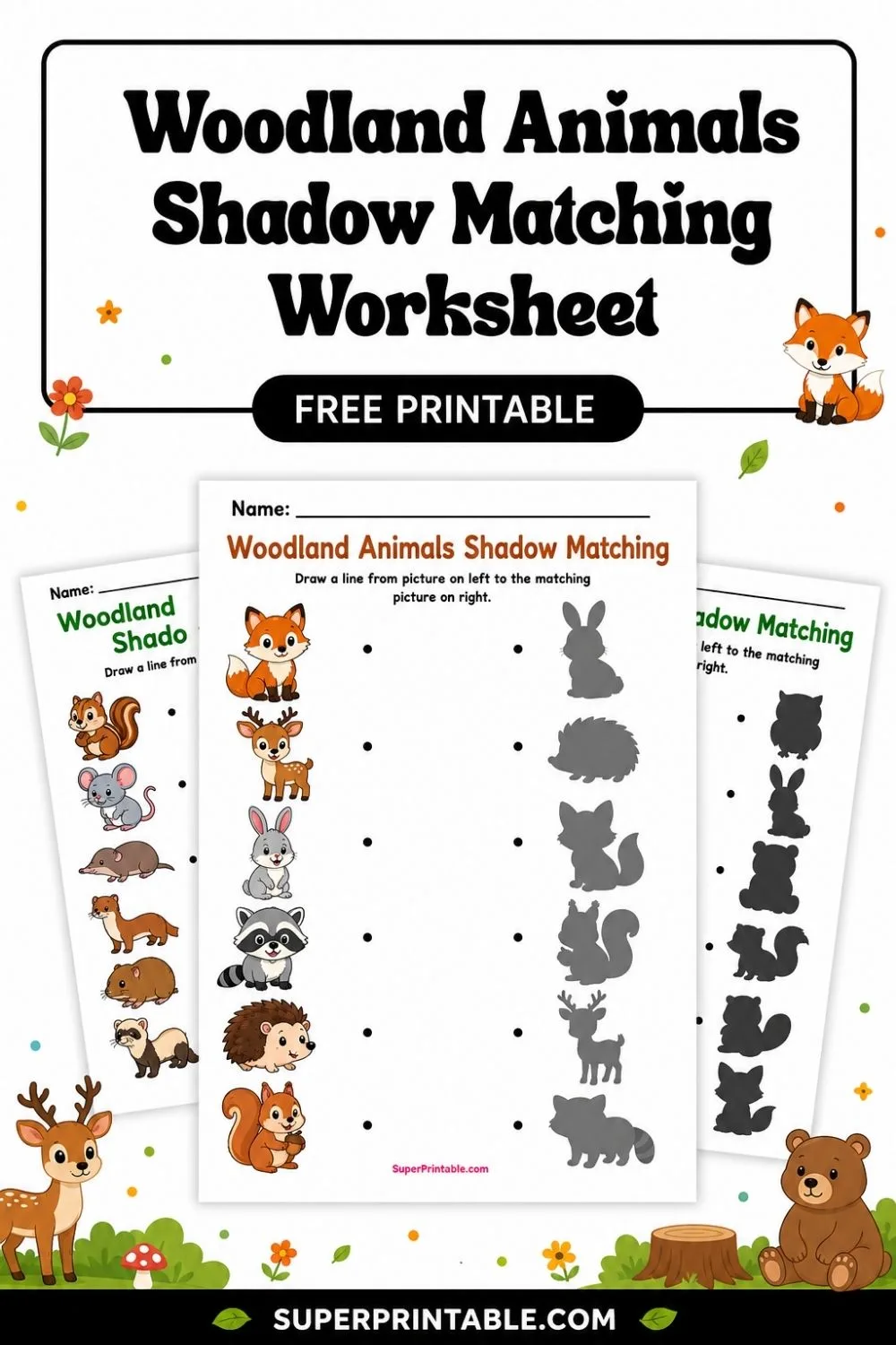 Woodland Animals Shadow Matching Worksheet Pinterest Image
