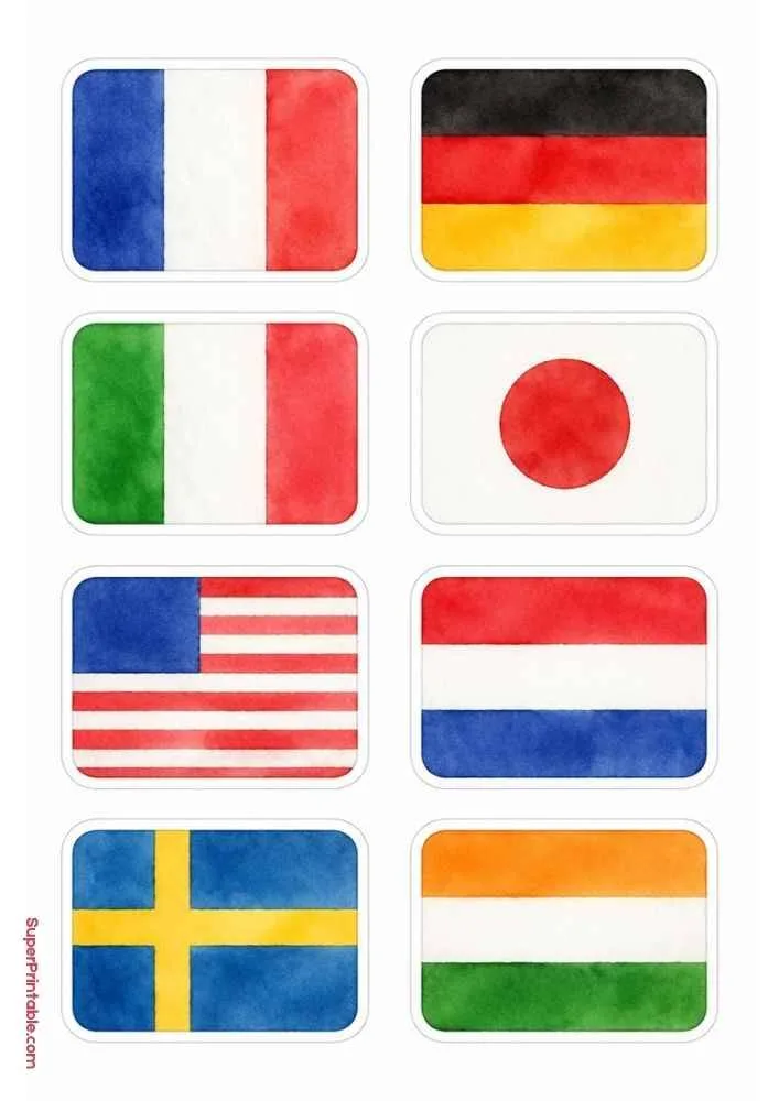 Sticker sheet with colorful flags of France, Germany, Italy, Japan, USA, Netherlands, Sweden, and India.