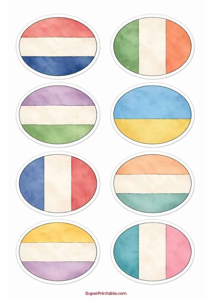 Sticker sheet with eight round pastel flag designs in different stripe patterns.