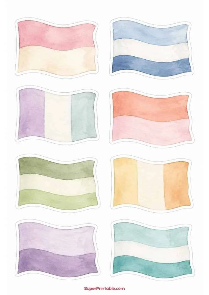 Sticker sheet with eight pastel waving flags featuring simple striped and color block designs.