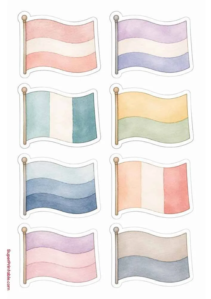 Sticker sheet with eight pastel waving flags on flagpoles in different color patterns.
