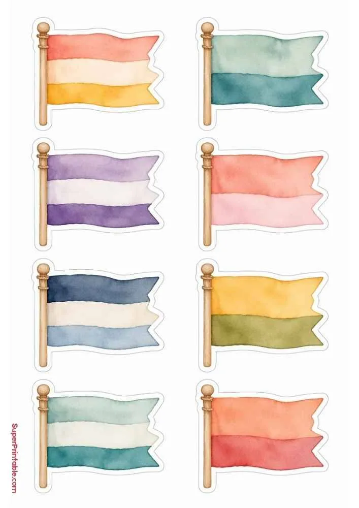 Sticker sheet with eight pastel banner flags on poles in different striped color designs.