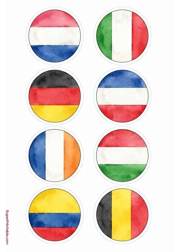 Sticker sheet with round flags including Italy, Germany, Belgium, France, Netherlands, and others.