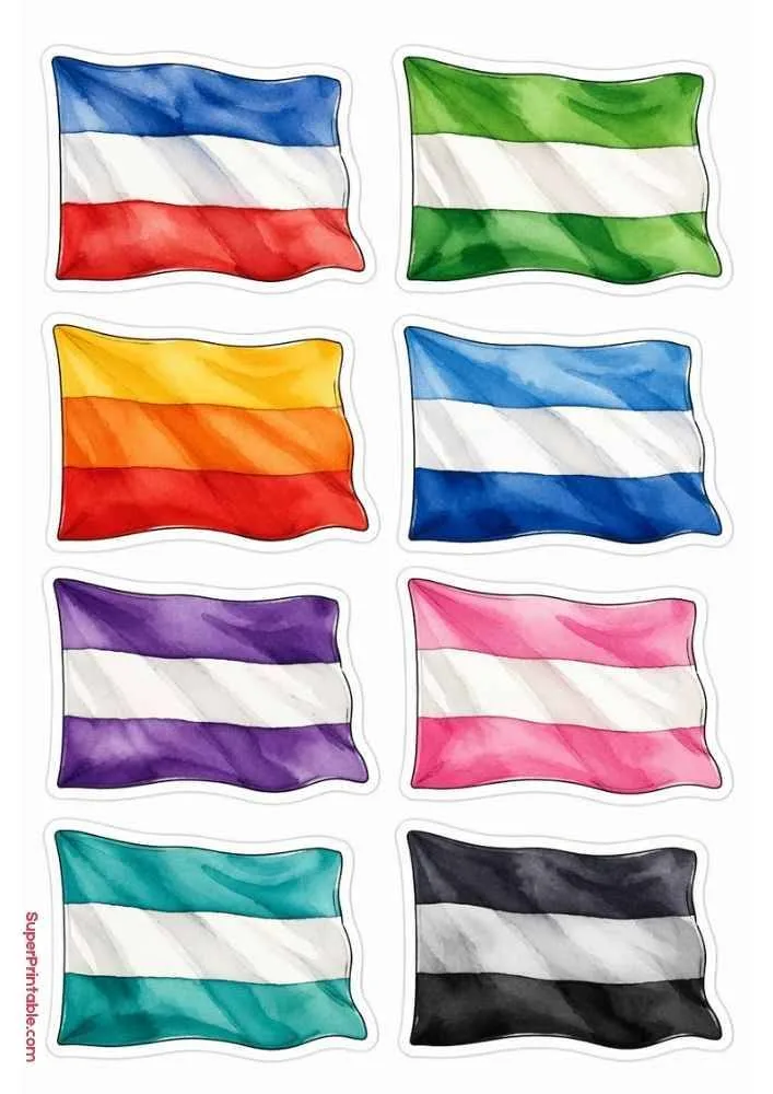 Sticker sheet with eight colorful waving flags in different striped patterns.