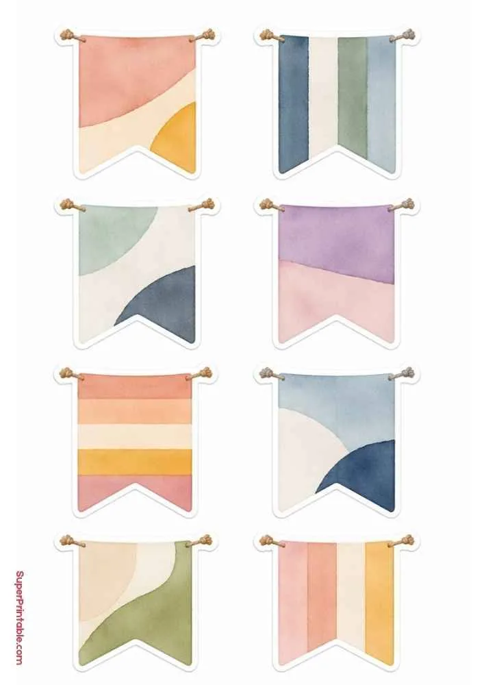 Sticker sheet with eight decorative hanging banner flags in pastel geometric designs.