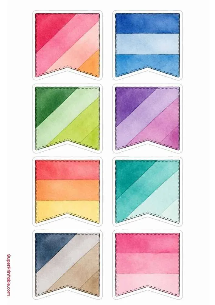 Sticker sheet with eight colorful banner stickers featuring stripes and diagonal patterns.