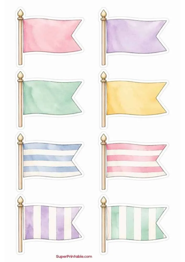 Sticker sheet with eight pastel pennant flags on poles in striped and solid designs.