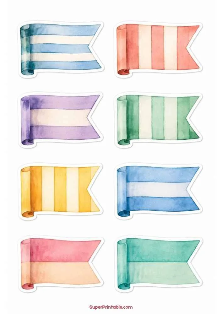 Sticker sheet with eight rolled banner flags in colorful striped and solid designs.