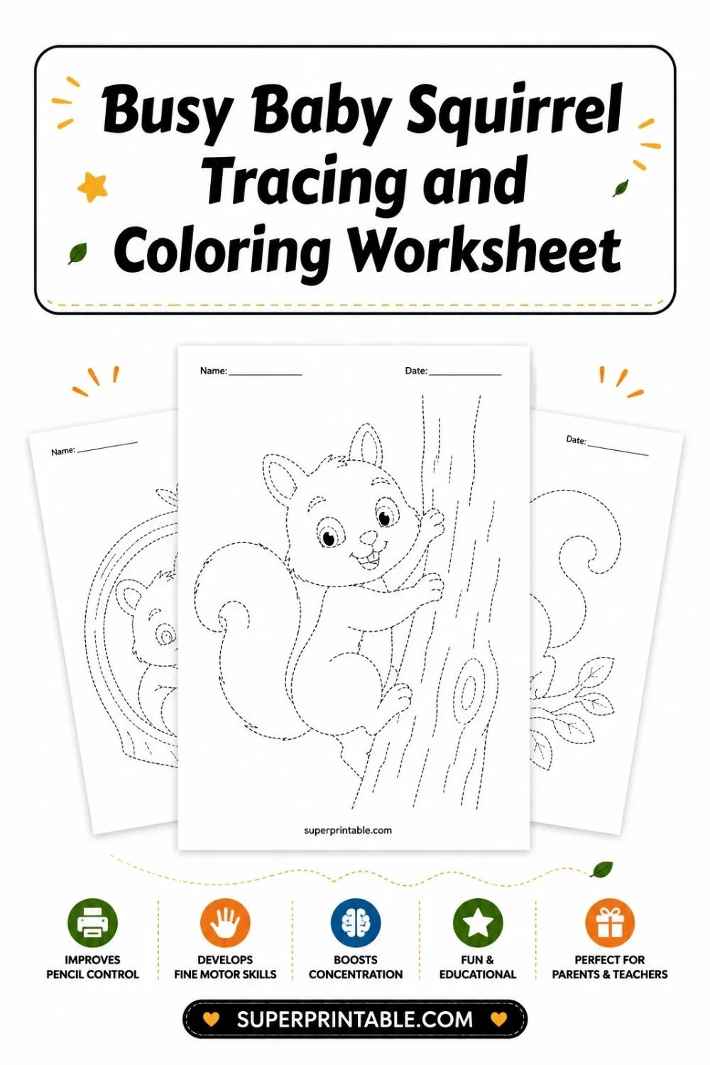 10 Busy Baby Squirrel Tracing and Coloring Worksheet Pinterest Image