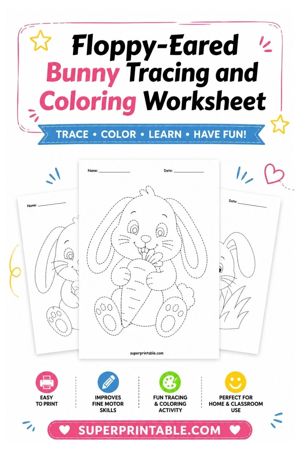10 Floppy-Eared Bunny Tracing and Coloring Worksheet Pinterest Image