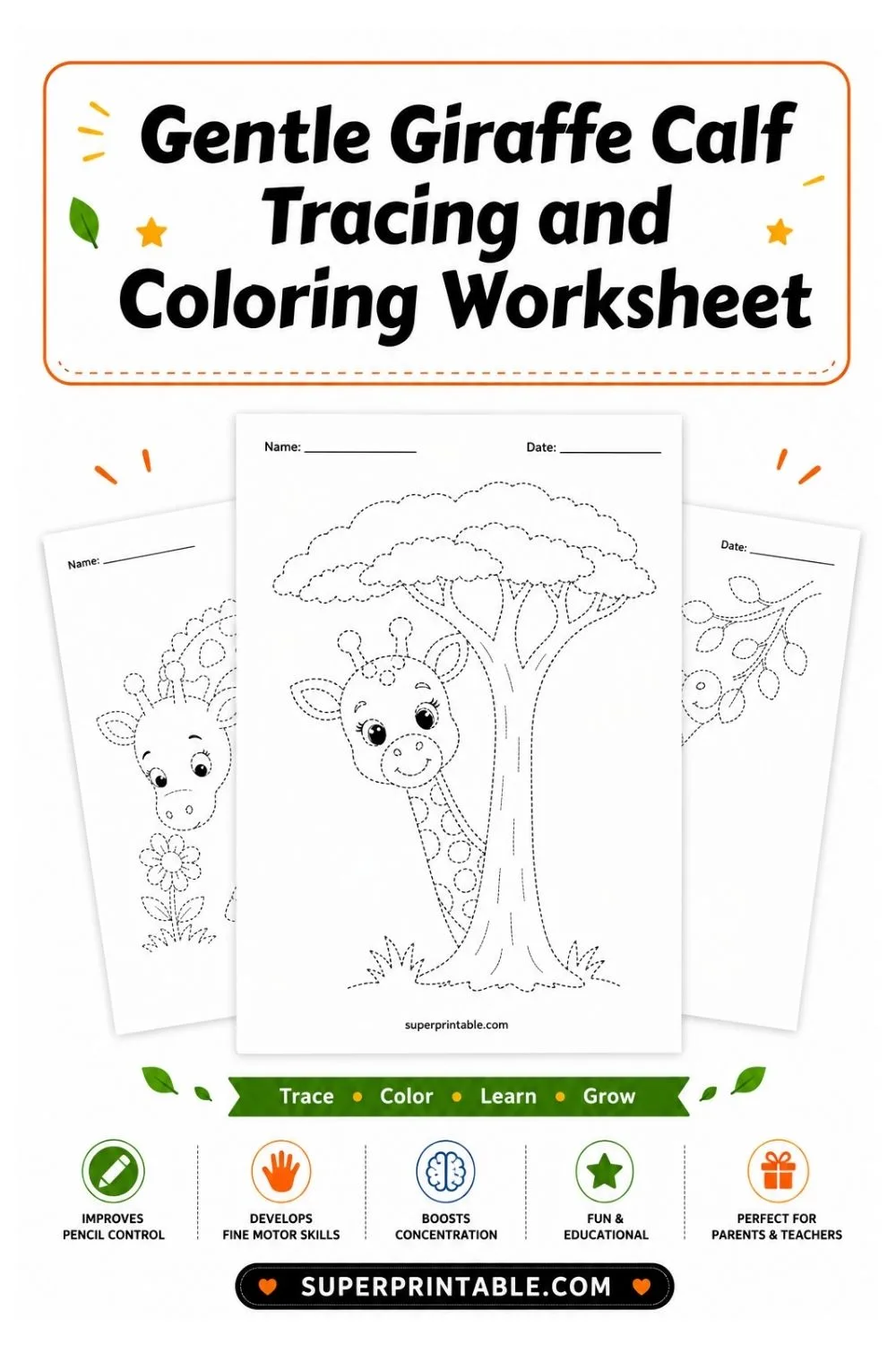 10 Gentle Giraffe Calf Tracing and Coloring Worksheet Pinterest Image