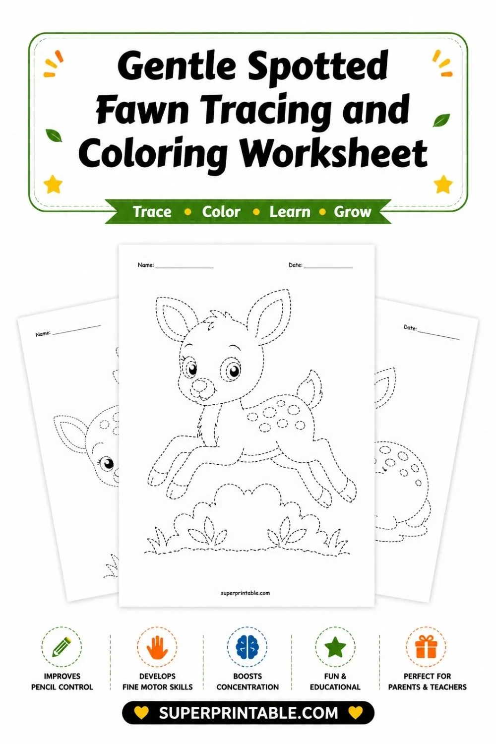 10 Gentle Spotted Fawn Tracing and Coloring Worksheet Pinterest Image