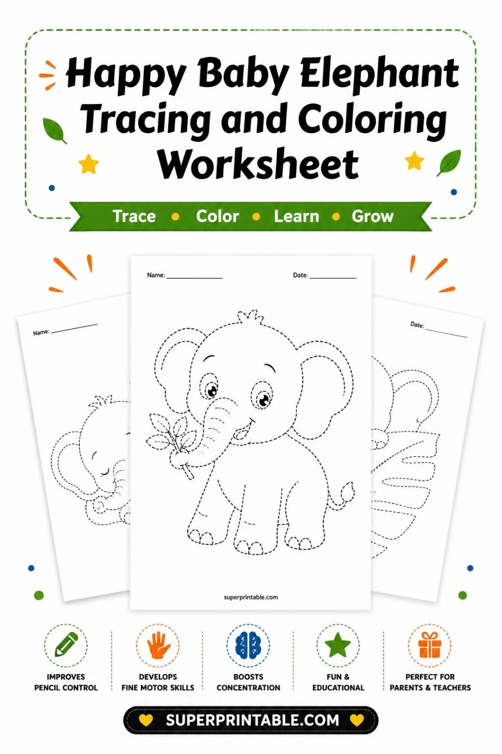 10 Happy Baby Elephant Tracing and Coloring Worksheet Pinterest Image