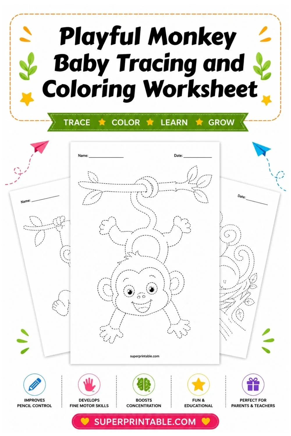 10 Playful Monkey Baby Tracing and Coloring Worksheet Pinterest Image