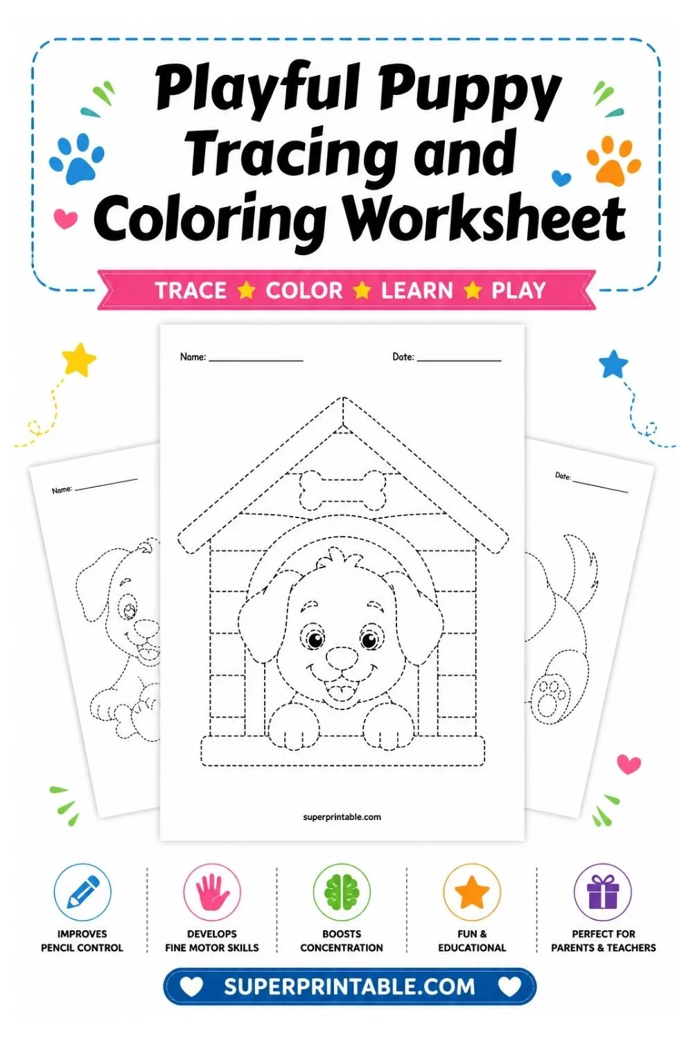 10 Playful Puppy Tracing and Coloring Worksheet Pinterest Image
