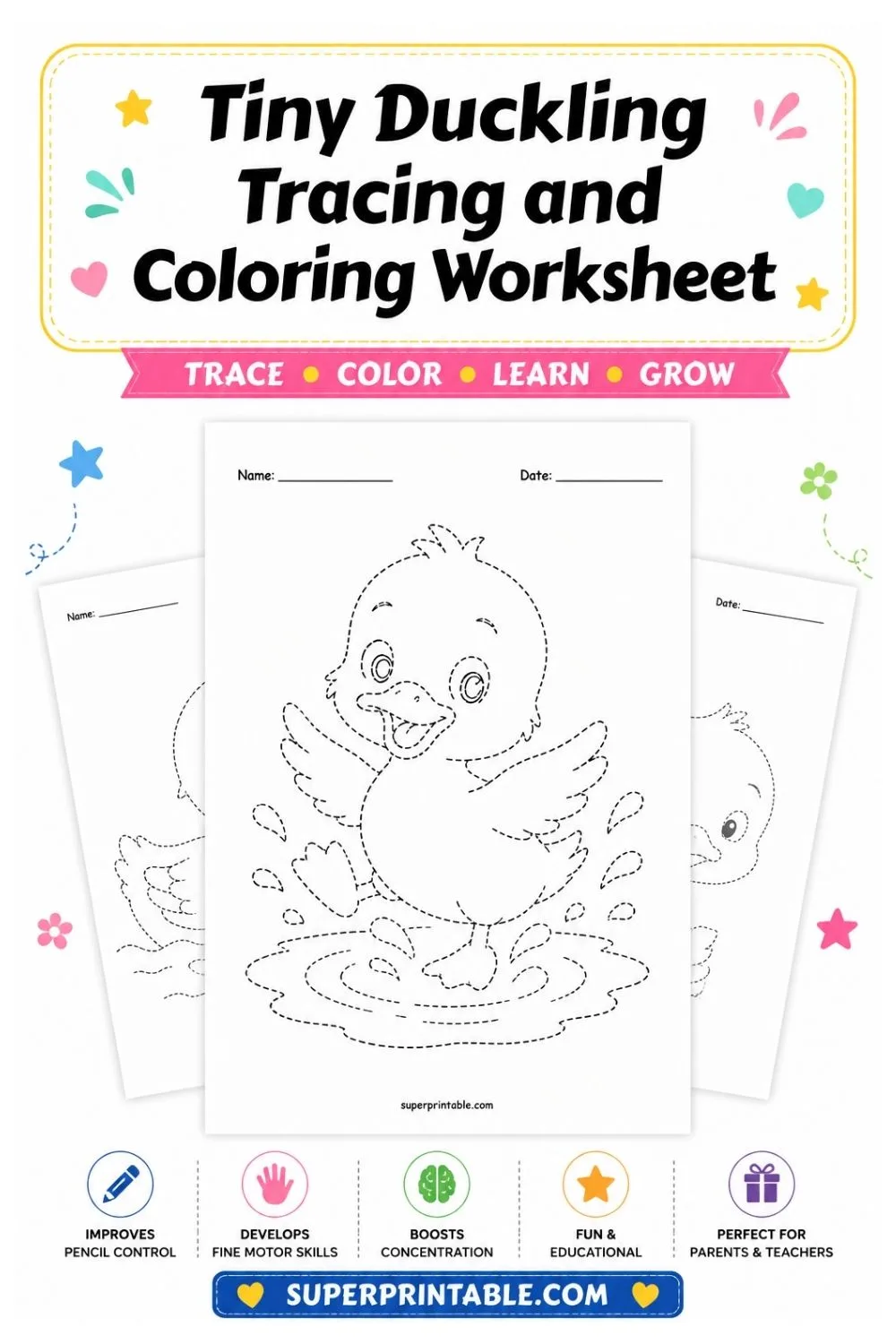 10 Tiny Duckling Tracing and Coloring Worksheet Pinterest Image