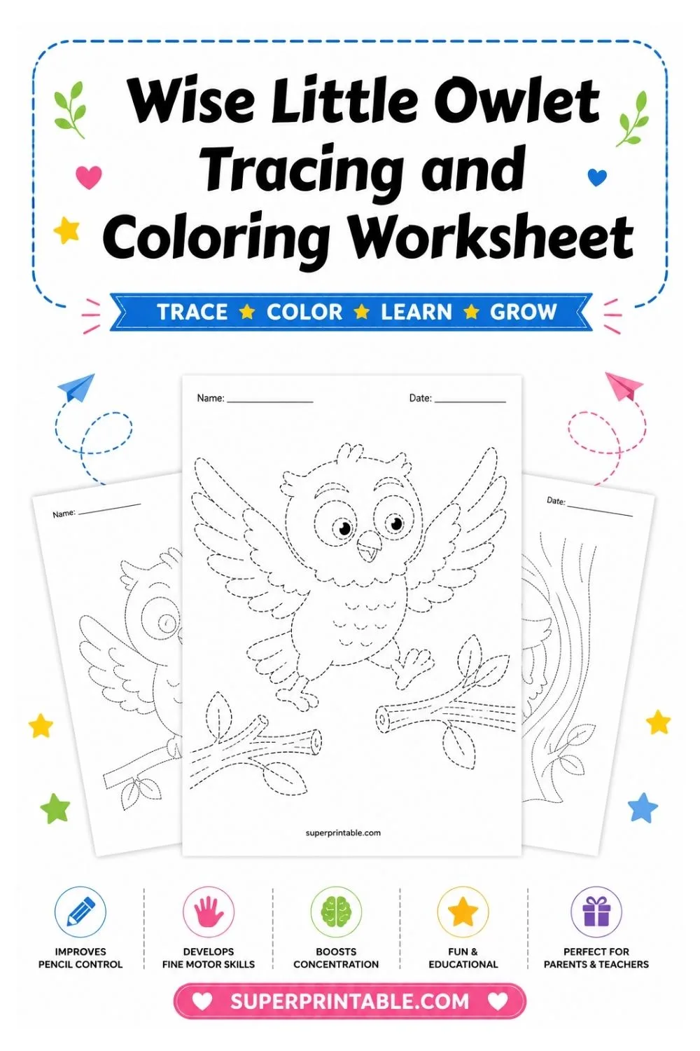 10 Wise Little Owlet Tracing and Coloring Worksheet Pinterest Image