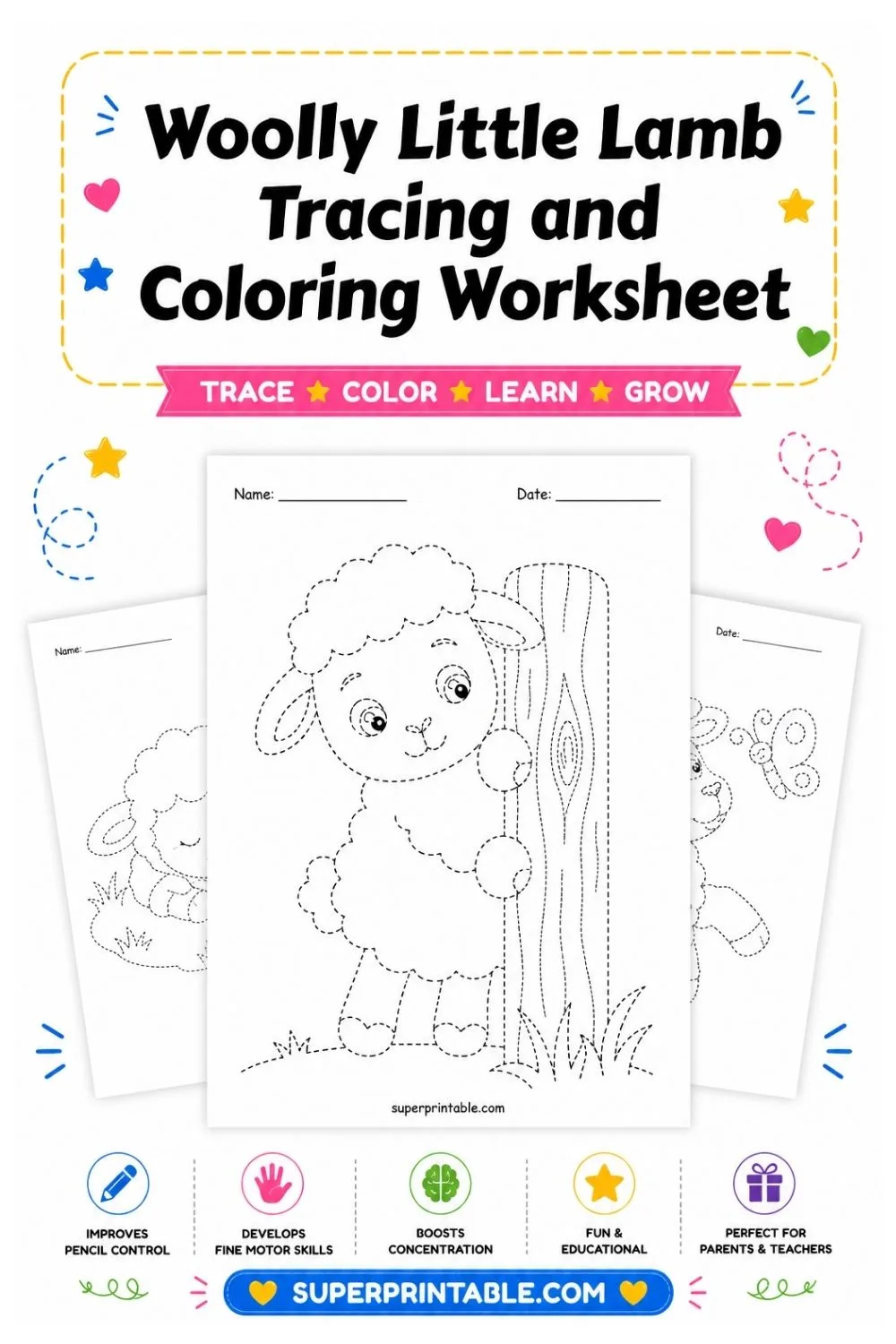 10 Woolly Little Lamb Tracing and Coloring Worksheet Pinterest Image