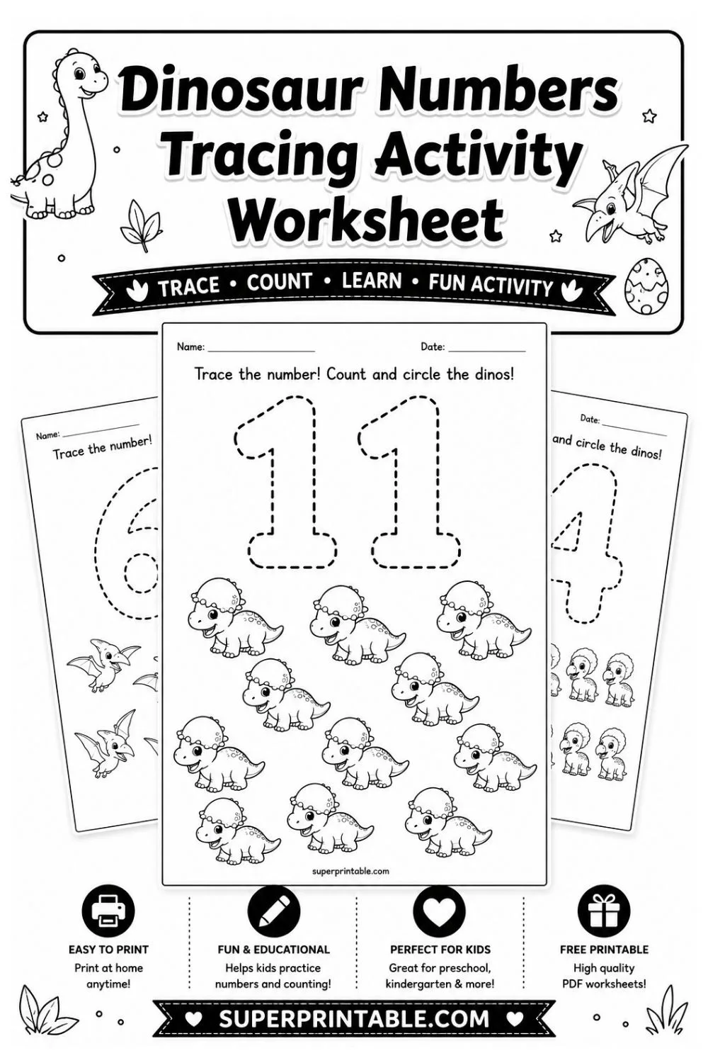 15+ Dinosaur Numbers Tracing Activity Worksheet Pinterest Image