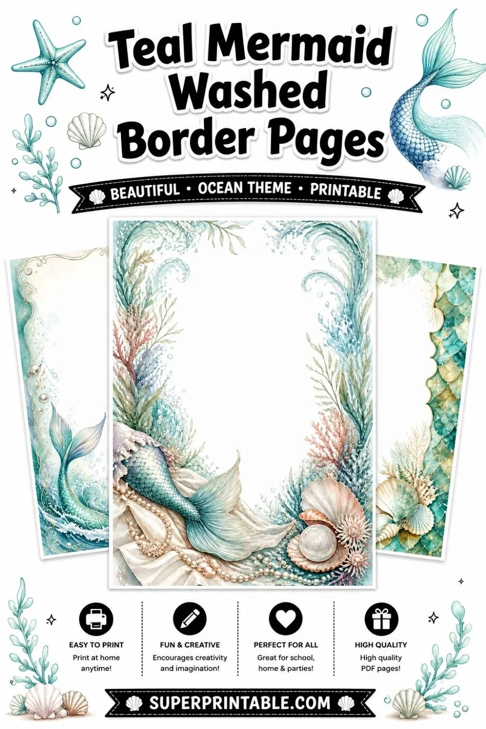 15+ Teal Mermaid Washed Border Pages Pinterest Image