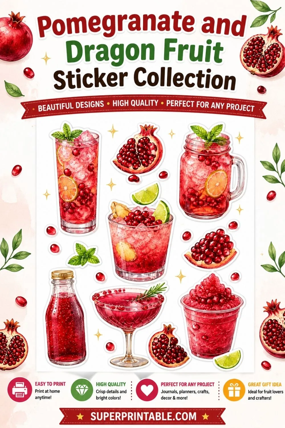 180+ Pomegranate and Dragon Fruit Sticker Collection Pinterest Image