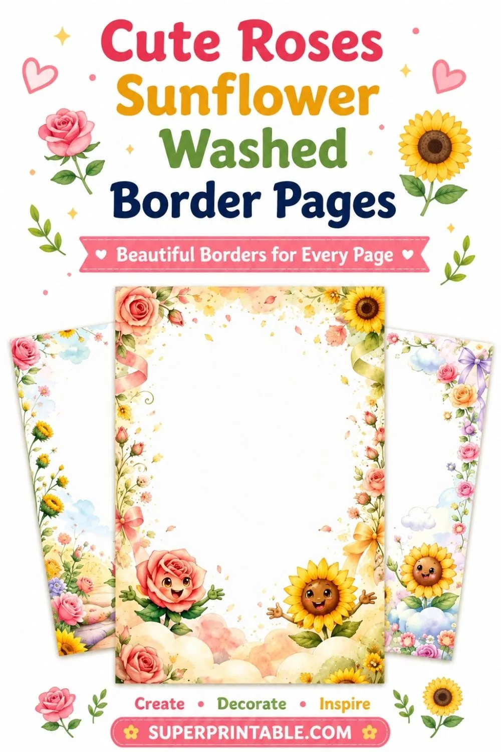 19 Cute Roses Sunflower Washed Border Pages Pinterest Image
