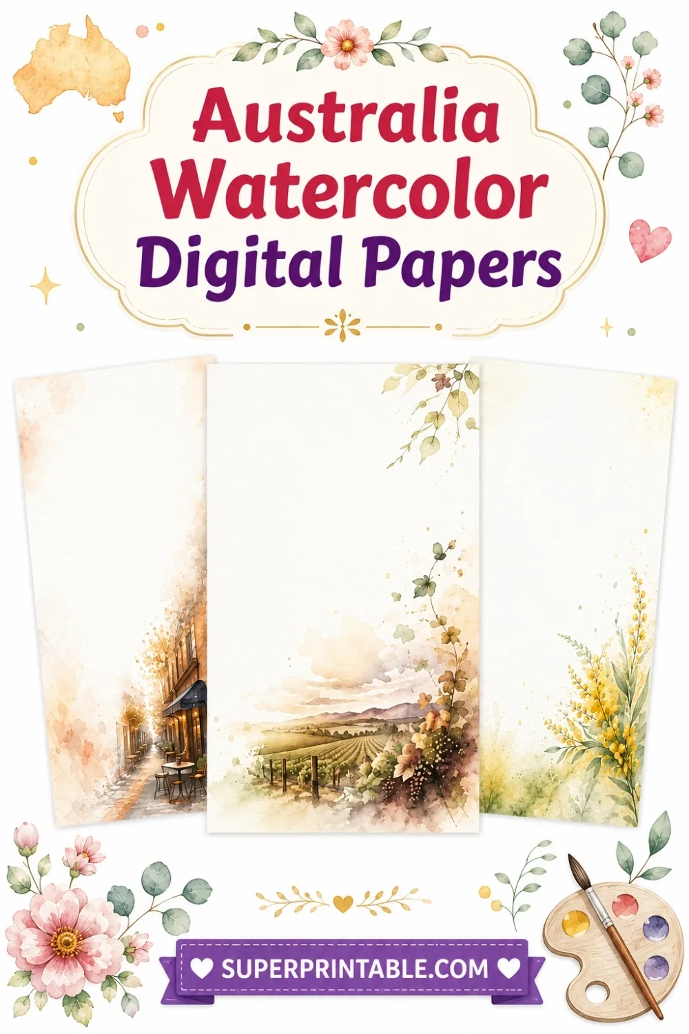 20 Australia Watercolor Digital Papers Pinterest Image