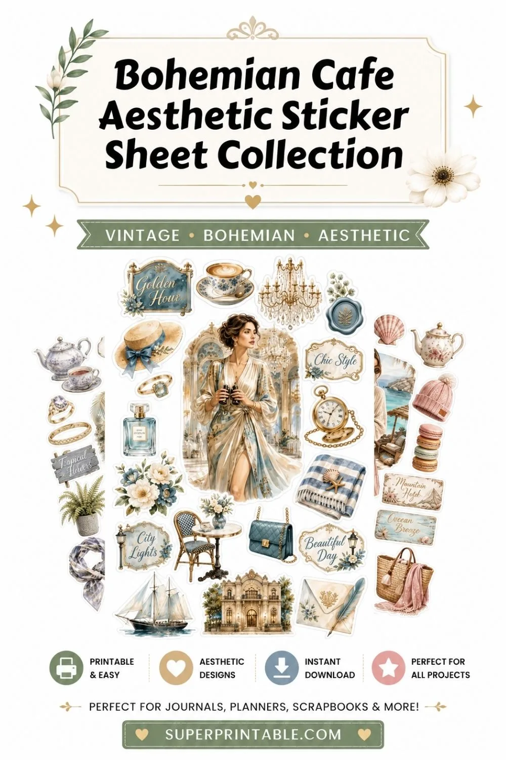 20 Bohemian Cafe Aesthetic Sticker Sheet Collection Pinterest Image
