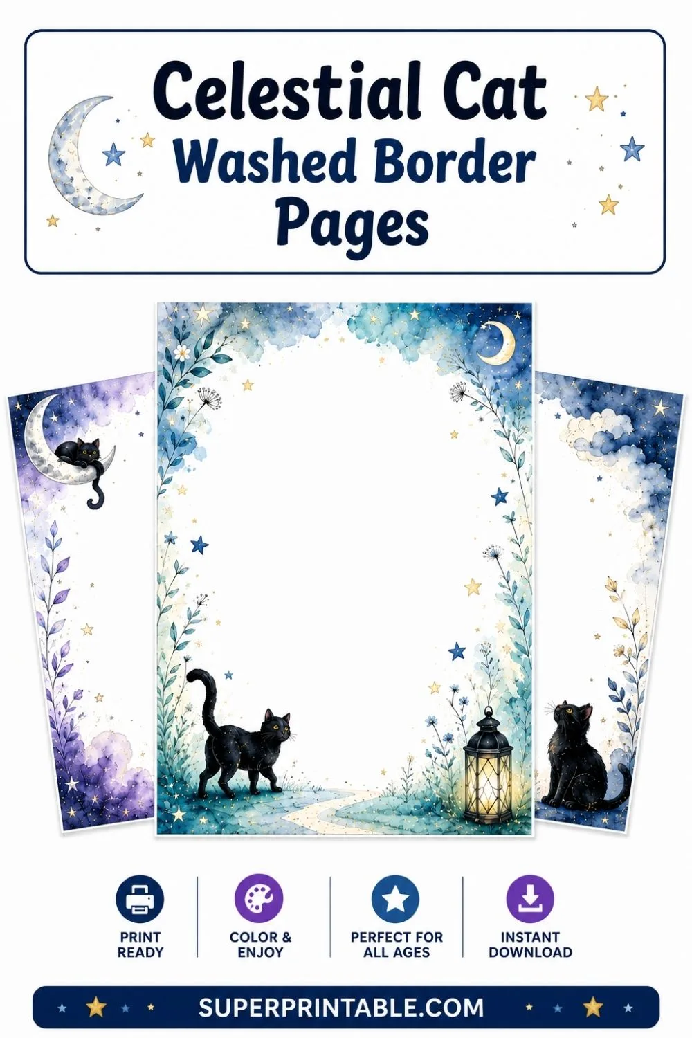 20+ Celestial Cat Washed Border Pages Pinterest Image