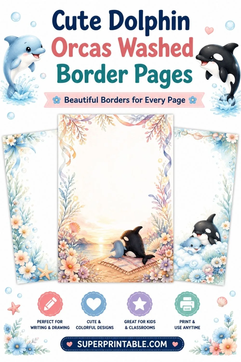 20 Cute Dolphin Orcas Washed Border Pages Pinterest Image