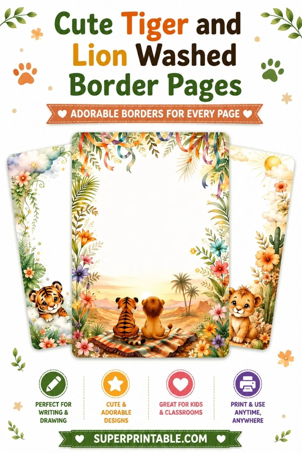 20 Cute Tiger and Lion Washed Border Pages Pinterest Image