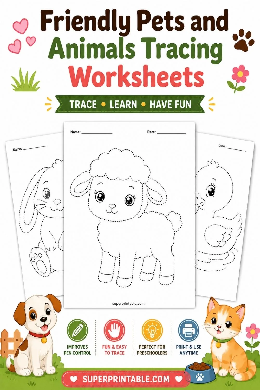 25 Friendly Pets and Animals Tracing Worksheets Pinterest Image