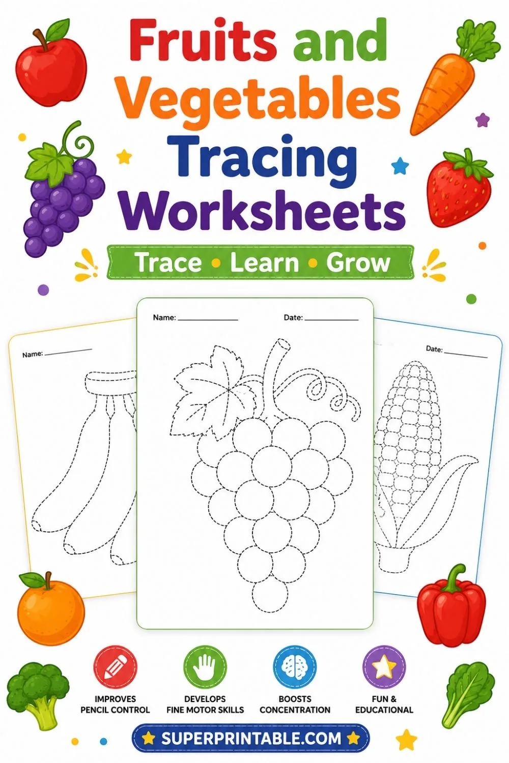 20 Fruits and Vegetables Tracing Worksheets Pinterest Image