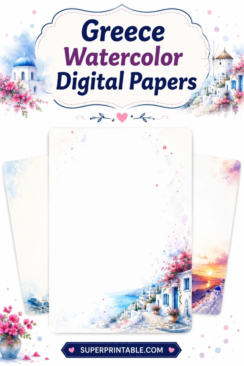 20 Greece Watercolor Digital Papers Pinterest Image