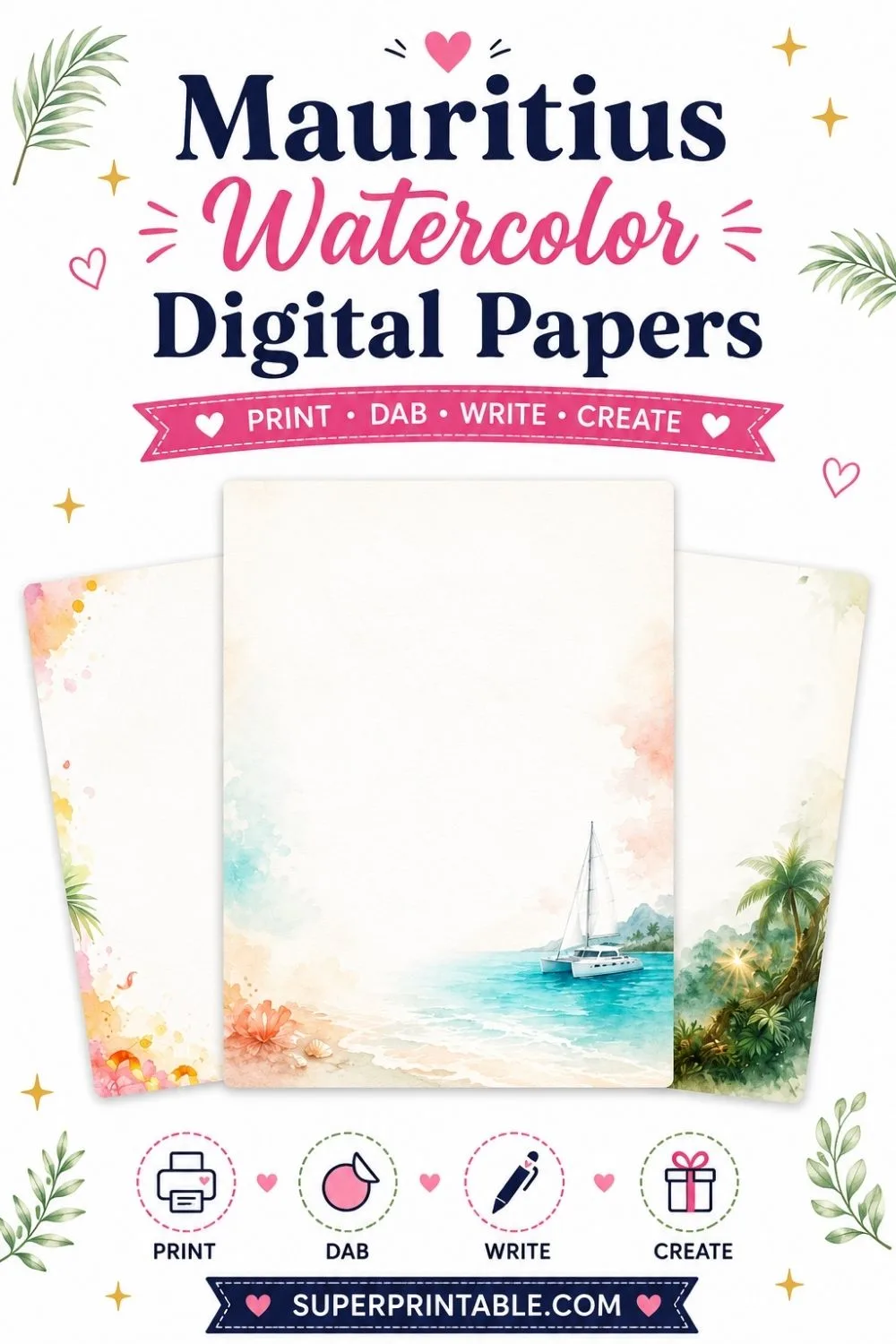 20 Mauritius Watercolor Digital Papers Pinterest Image