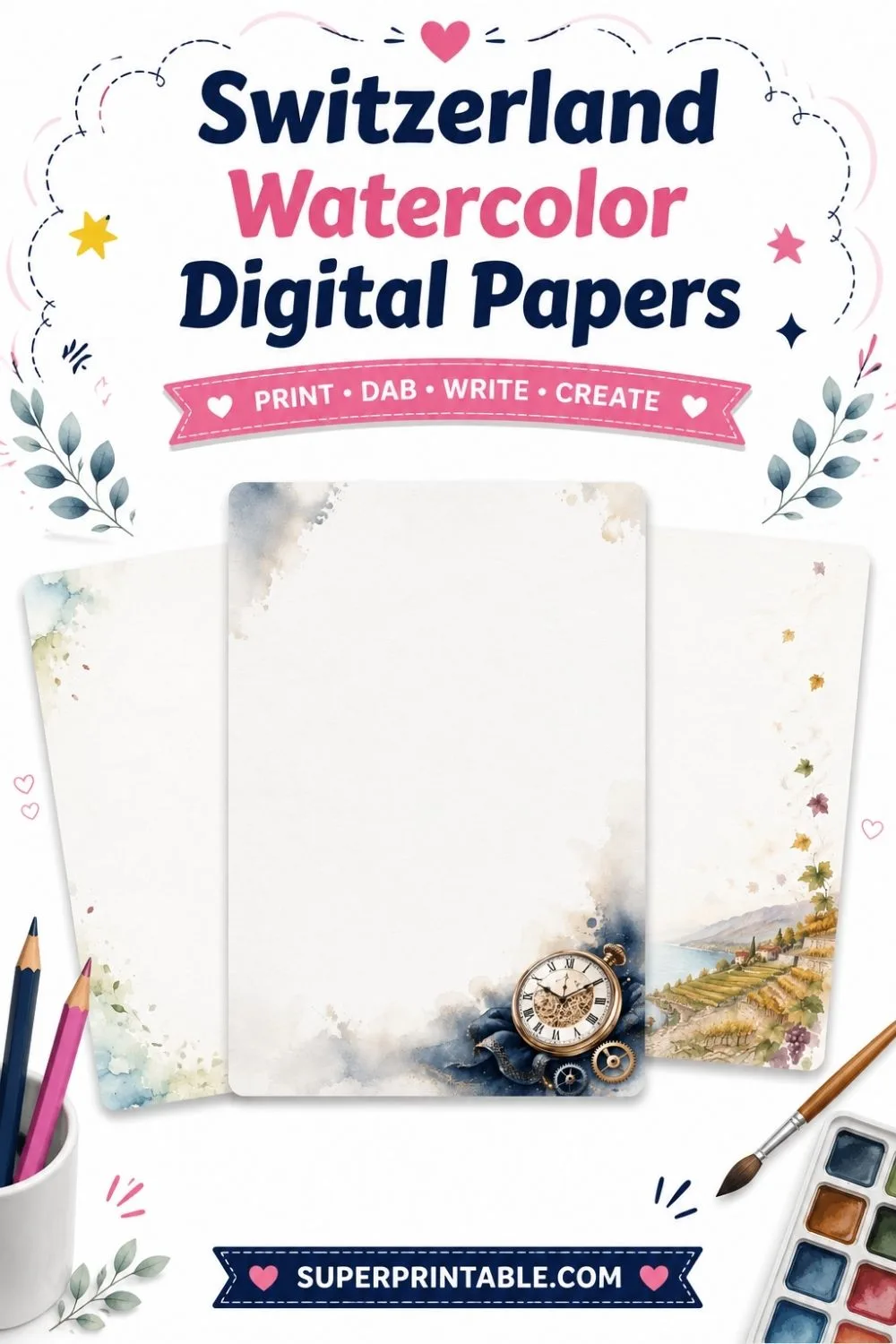 20 Switzerland Watercolor Digital Papers Pinterest Image