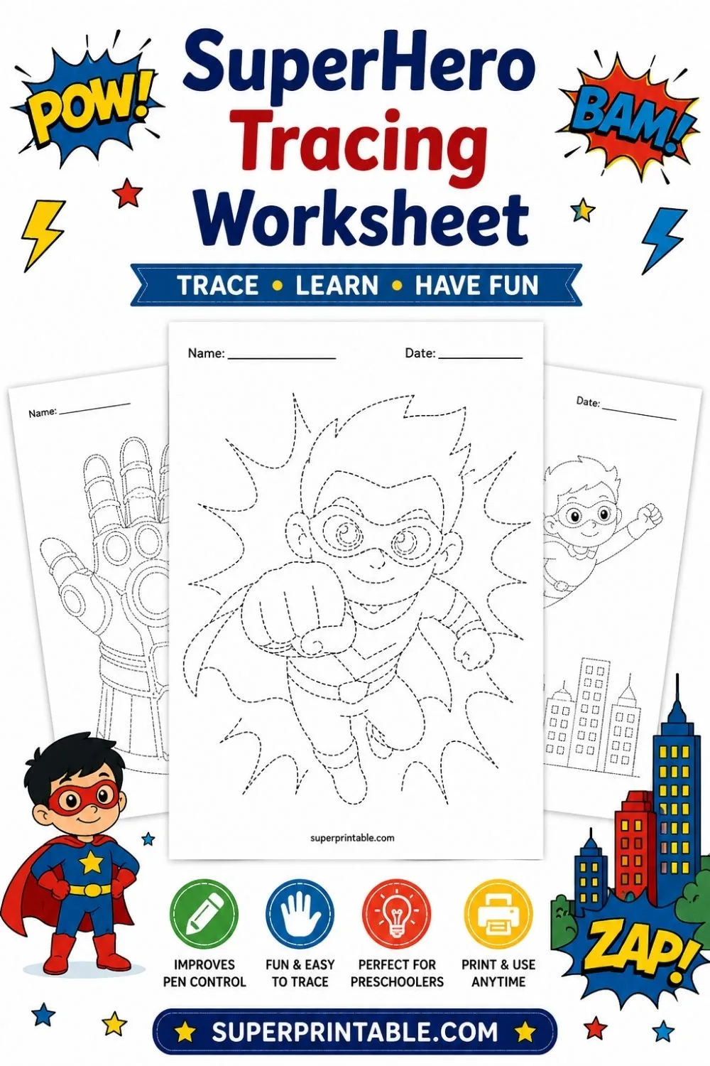 30 SuperHero Tracing Worksheet Pinterest Image