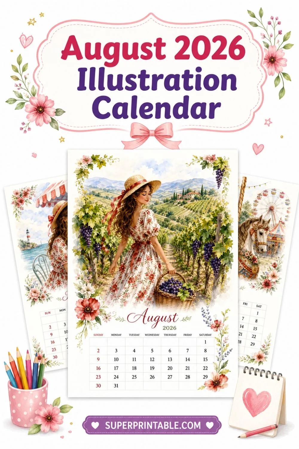 35+ August 2026 Illustration Calendar Pinterest Image