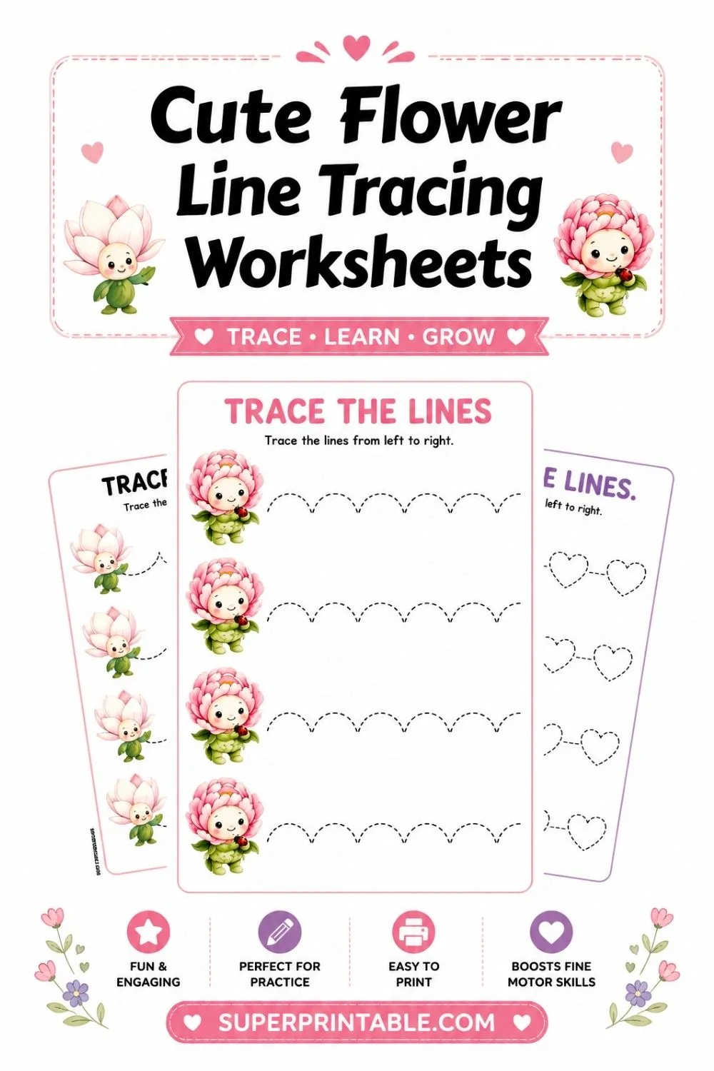50 Cute Flower Line Tracing Worksheets Pinterest Image