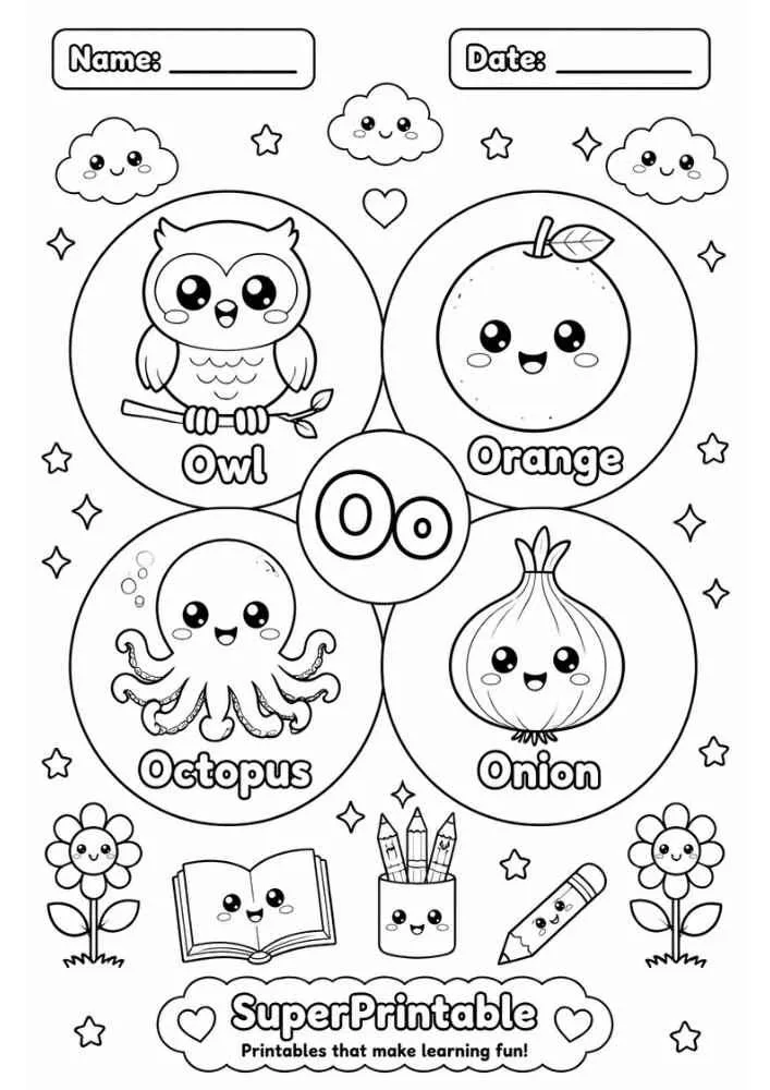 A coloring worksheet for the letter O featuring an owl, orange, octopus, and onion inside circles.