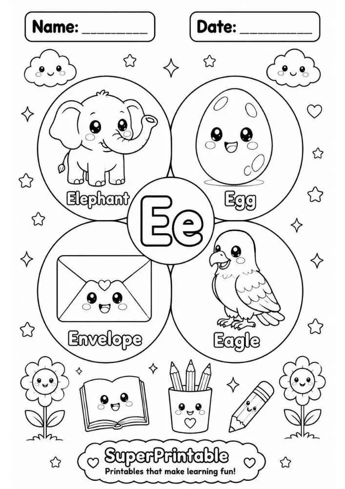 A coloring worksheet for the letter E featuring an elephant, egg, envelope, and eagle inside circular frames.