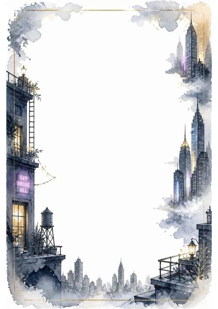 Watercolor city skyline border with rooftops, clouds, and a large blank center.