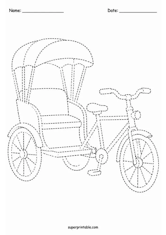 Dashed outline tracing worksheet featuring a traditional rickshaw.