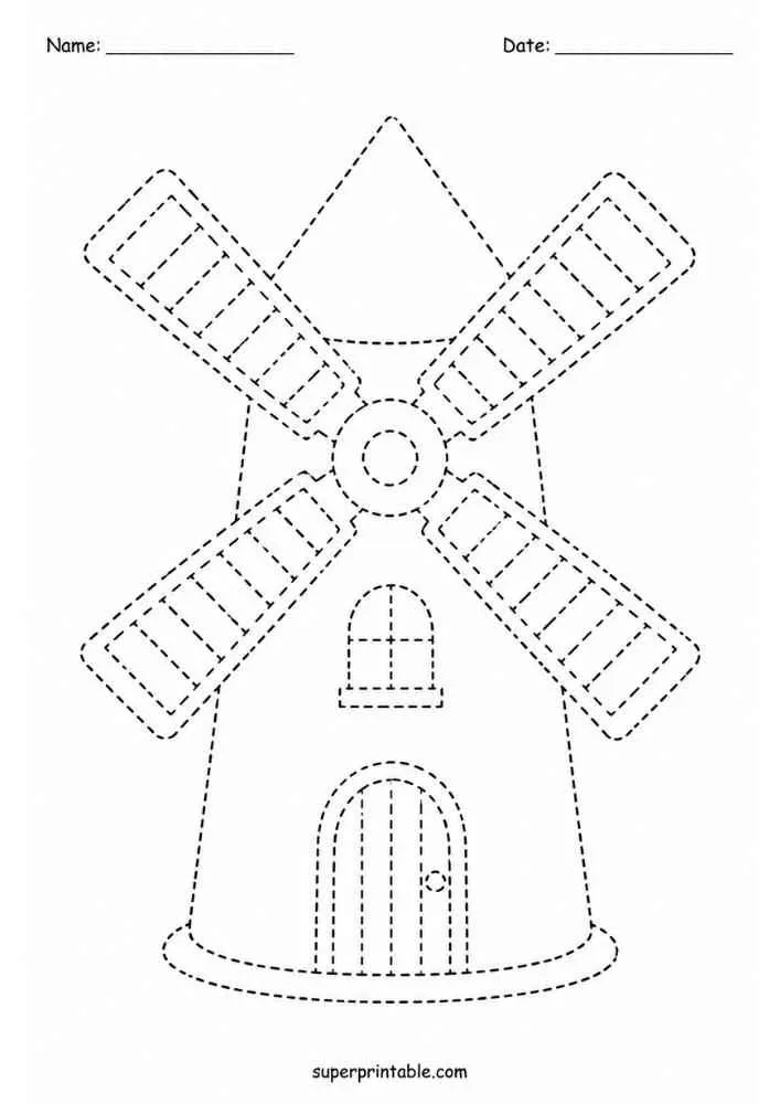 Dashed outline tracing worksheet featuring a windmill.