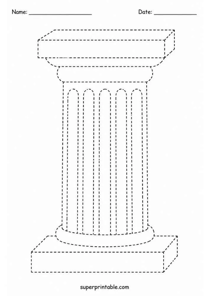 Dashed outline tracing worksheet featuring a classical column.